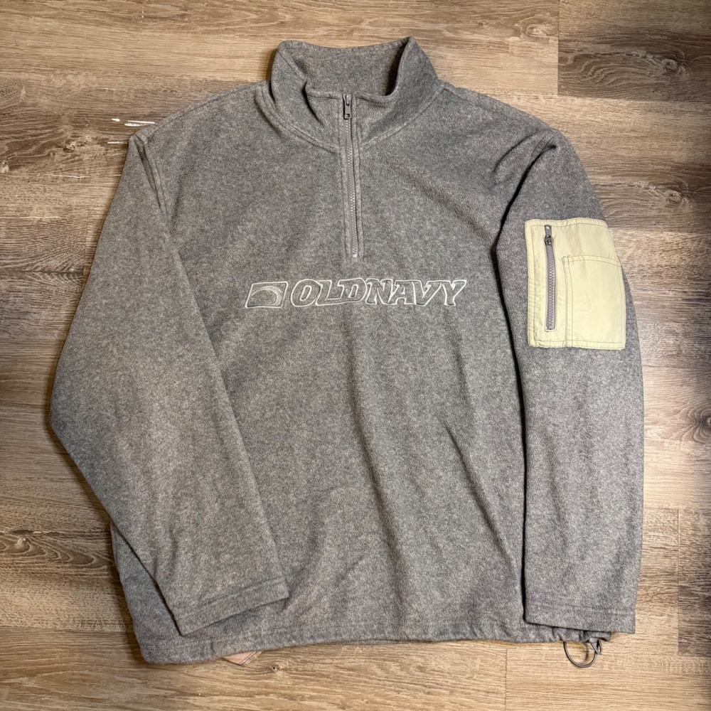 Vintage Old Navy Quarter Zip Fleece Pullover Grey XL Logo Sleeve Pocket Y2K